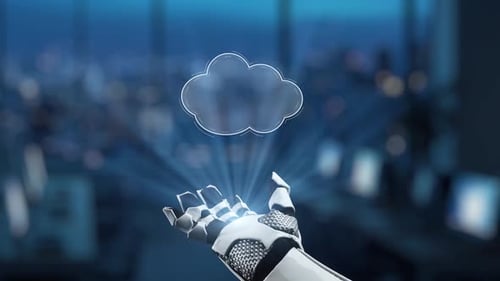 Futuristische Roboterhand, die mit Cloud-Technologie und Datenanalyse in einer modernen Büroumgebung interagiert