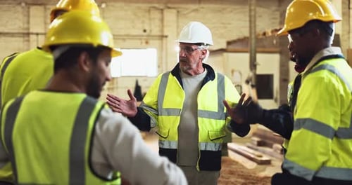 Construction team, frustrated and project update on site for progress, accountability
