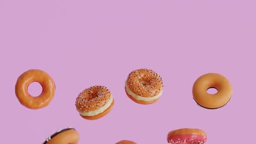 Animação de donut voador. Rosquinha voando com um fundo de rosquinhas voadoras. Animação de vídeo 3D.