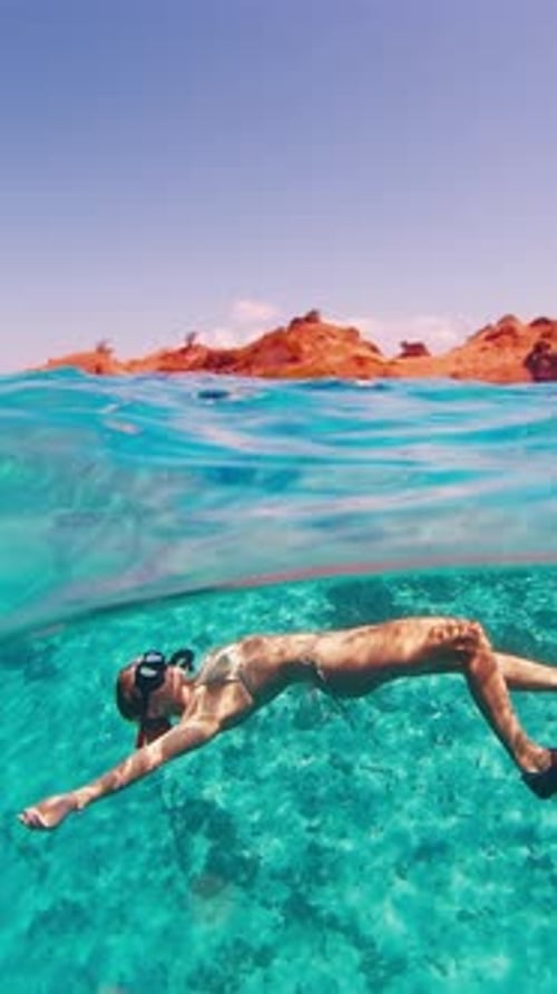 Sexy freediver. Female freediver swims in the tropical sea. Woman free diver in bikini floats underw