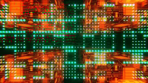 Turquoise And Deep Orange Cybernetic Chip Cube And Dots Flythrough Background Vj Loop I 4K