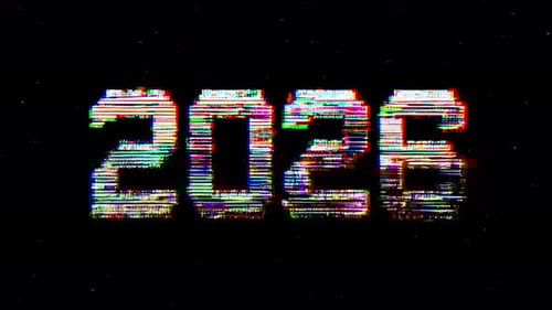 Digital glitch animation highlights the year 2026 in a colorful and captivating way.