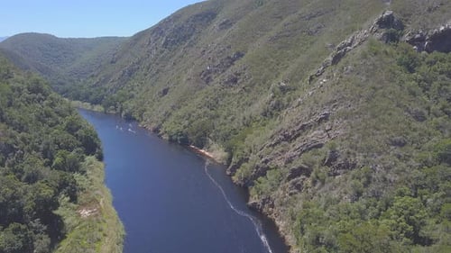 Aerial of boating on lake in South Africa for summer leisure fun and activity