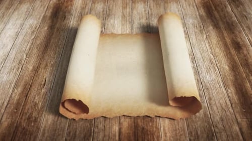 Ancient Parchment Scroll Unfurling Reveal on Rustic Wood