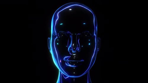 Futuristic Digital Human Head with Glowing Blue Neon Lines