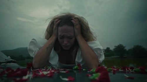 An Emotional Bride Who Is Expressing Heartbreak Amidst the Beauty of Nature Around Her