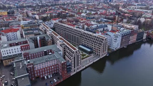 Aerial view of a residential building on the bank of spree river , Berlin