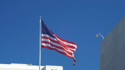American Flag Waving on a Bright Blue Day