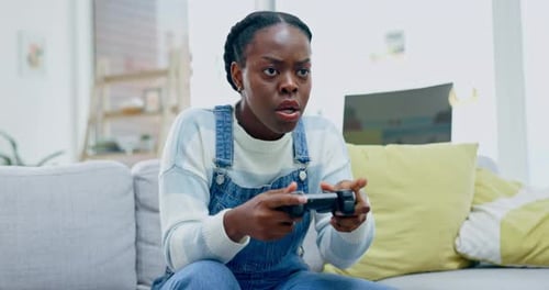 Black woman, video game and energy with competition and excited with gaming