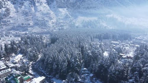 Aerial View of Snow Covered Forest and Mountains