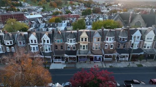 Row Of Colorful Historic Houses In A Quiet Residential Neighborhood