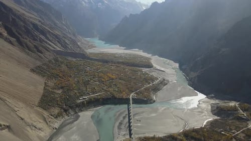 Aerial view of mountain range and river, Pakistan.