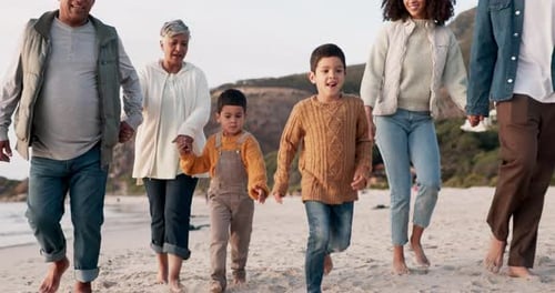 Happy, running and relax with big family at beach for travel, freedom and vacation