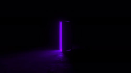 Mysterious purple door opening in dark room