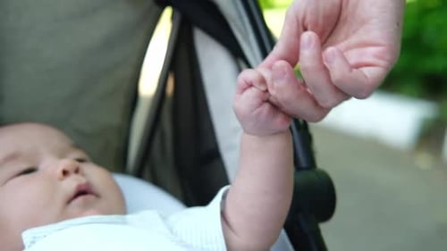 Sweet Infant Holding an Adult's Finger in Stroller