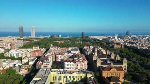 Barcelona Urban Skyline. Aerial view of Parc de la Ciutadella (Park Ciutadella)