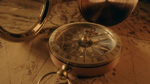 Vintage Compass, Magnifying Glass, and Map