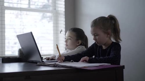 Sisters Studying Online with Laptop