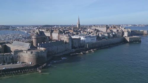 Saint-Malo Castle and cityscape, Brittany in France. Aerial drone view