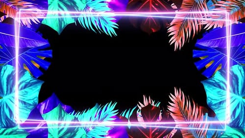 Lebendiger tropischer Neonrahmen mit dynamischen Farbwechselblättern auf dunklem Hintergrund