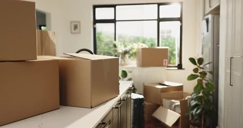 Moving, boxes and kitchen of new house, real estate and property with furniture, investment or loan