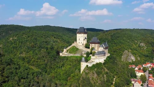 Royal Castle Karlstejn. Central Bohemia, Karlstejn village, Czechia. Aerial view to The Karlstejn ca