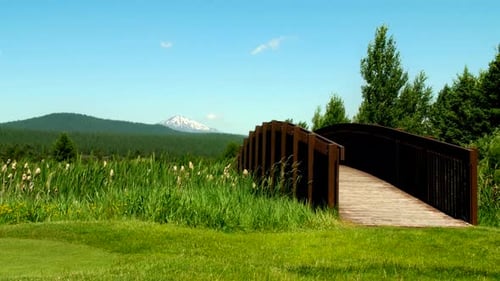 Bridge over calm waters in a gorgeous Oregon landscape with snow capped mountains