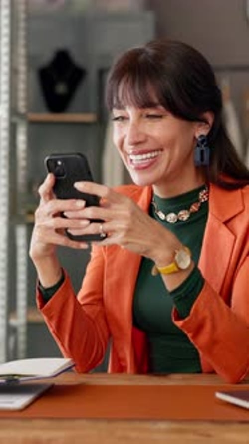 Woman, typing or laughing in office with phone for funny fashion meme, social media gossip or chat