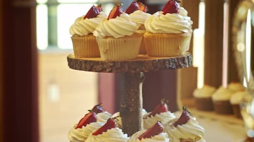 Strawberry Cupcakes With Hearts Display On Stand. - slider, close up