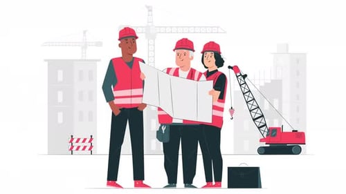 Animated Construction Team Planning with Blueprint and Crane