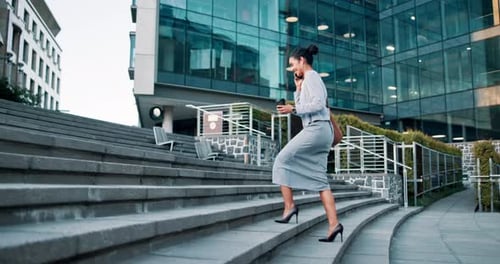 Businesswoman, walking or phone call in city commute to work or office on outdoor travel