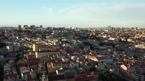 Aerial View Lisbon Cityscape Sunset Time Blue Sky on Background