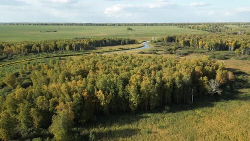 Aerial View of Valley with Forest Trees and River Rural Autumn Landscape on Sunny Morning