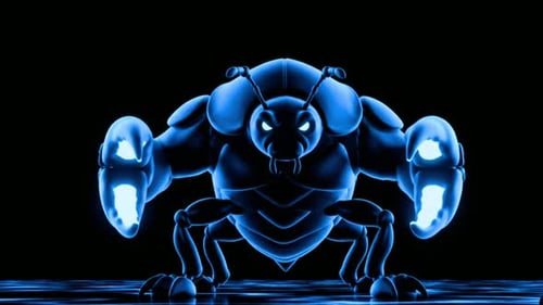 Glowing blue robotic beetle with futuristic design on black background, cinematic video footage