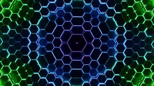 Dynamic neon honeycomb pattern with vibrant green and blue lights