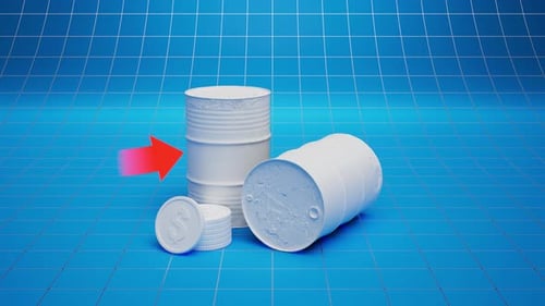Oil Barrels and Dollar Coins with Upward Trend Arrow Animation