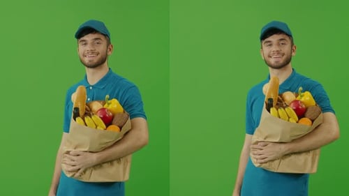 Green Screen Delivery Man Brings Paper Bag with Food