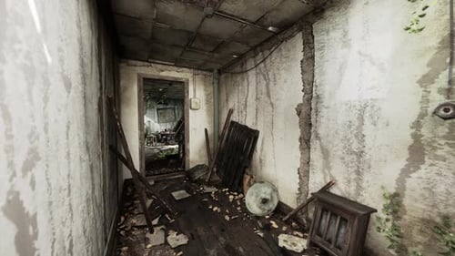 Abandoned Dilapidated Ruined Hallway Interior Moving Camera