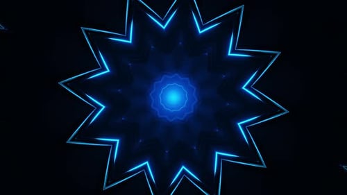 Blue star with black background and blue light. Kaleidoscope VJ loop