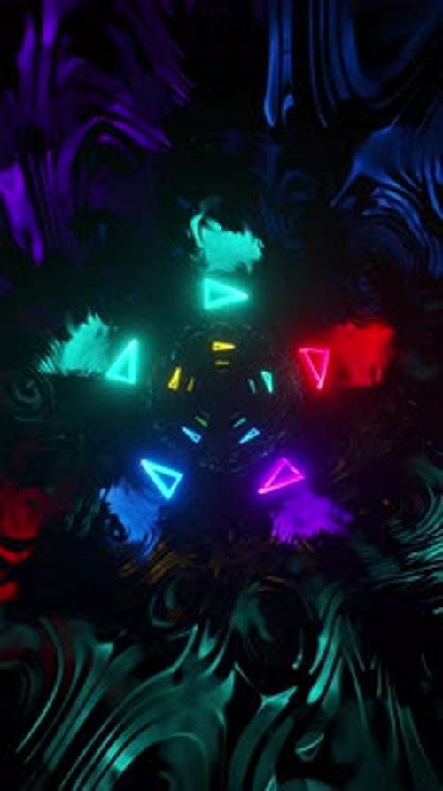 Reflective tunnel with many neon arrows. Looped animation
