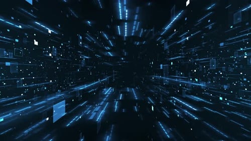Túnel digital futurista abstracto con paneles de datos de color azul brillante y bucle de fondo de senderos de luz