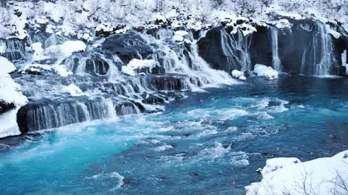 Waterfall Iceland Snow Ice Mountain Cold River Winter Blue Glacial Water Magical Landscape Tourist
