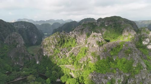 Panoramic Drone View of Hang Mua Peak with Dragon Statue in Ninh Binh Vietnam