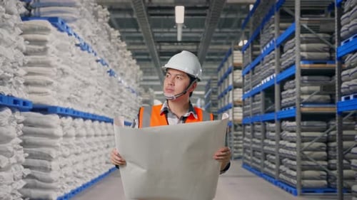 Front View of Asian Male Engineer Looking At Blueprint While Walking at Warehouse