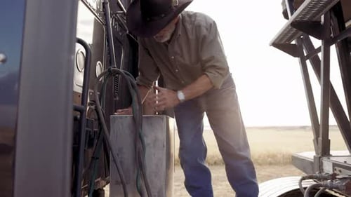 Senior Male Farmer Inspecting Semitruck and Trailer on Farm 6569 Years