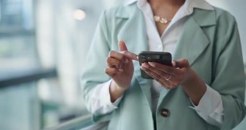 Hands, phone and scroll with business woman in office for networking, social media and online news