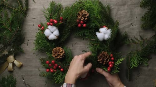 Crafting Handmade Christmas Wreath With Evergreen Branches