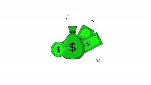 Animated Money Bag, Banknotes, and Coin in Flat Design Style