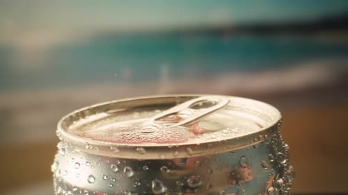 Opening Soda or Beer Can Macro Close Up of Can Pull Tab Opening Watering Refreshment Hand Open