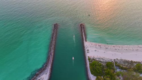 North and South Jetty on Nokomis Beach Near Venice Florida Aerial View of Sea Shore with White